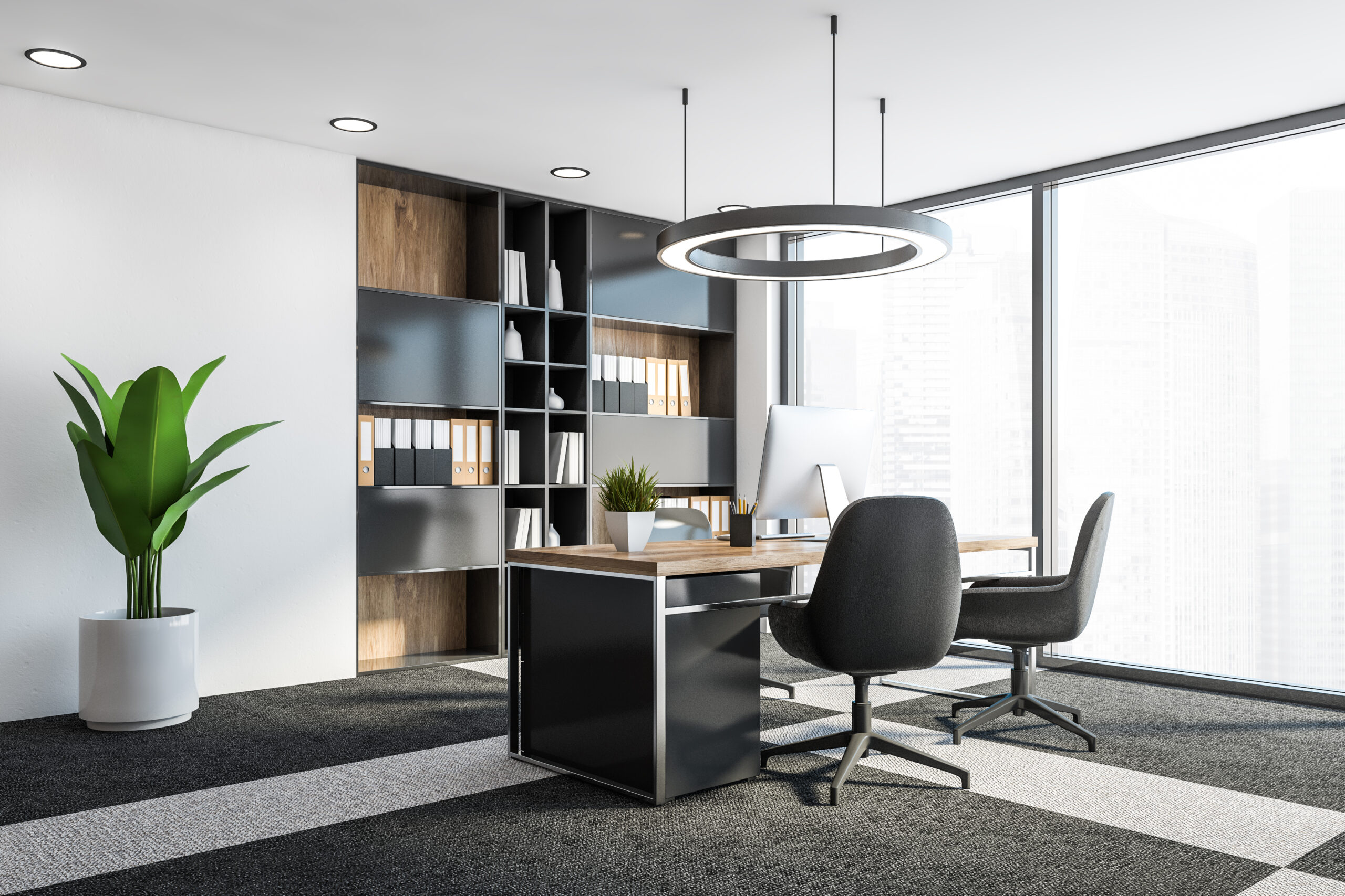 Corner,Of,Panoramic,Ceo,Office,With,White,Walls,,Carpeted,Floor,
